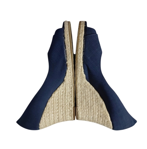 Lilly Pulitzer Blue Canvas Espadrille Wedge Peep Toe Nautical Shoes Size 9 - Picture 6 of 11